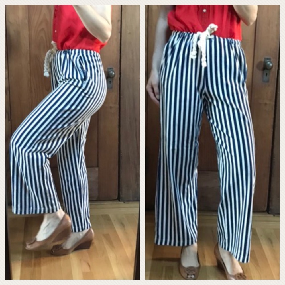 Vintage Striped Navy & White Drawstring Wide-Leg Pants